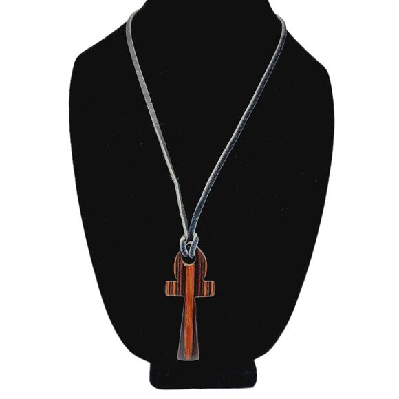 ANKH Brown Carved Wood Ankh 3" on Leather Necklace - Picture 2 of 6